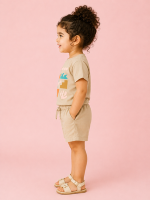 Girls Beige Graphic T-Shirt & Shorts Set – Soft Cotton Summer Co-ord Outfit BloomUp