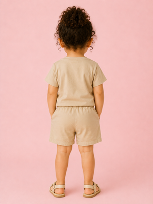 Girls Beige Graphic T-Shirt & Shorts Set – Soft Cotton Summer Co-ord Outfit BloomUp