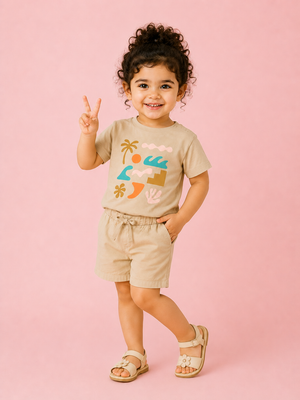 Girls Beige Graphic T-Shirt & Shorts Set – Soft Cotton Summer Co-ord Outfit BloomUp