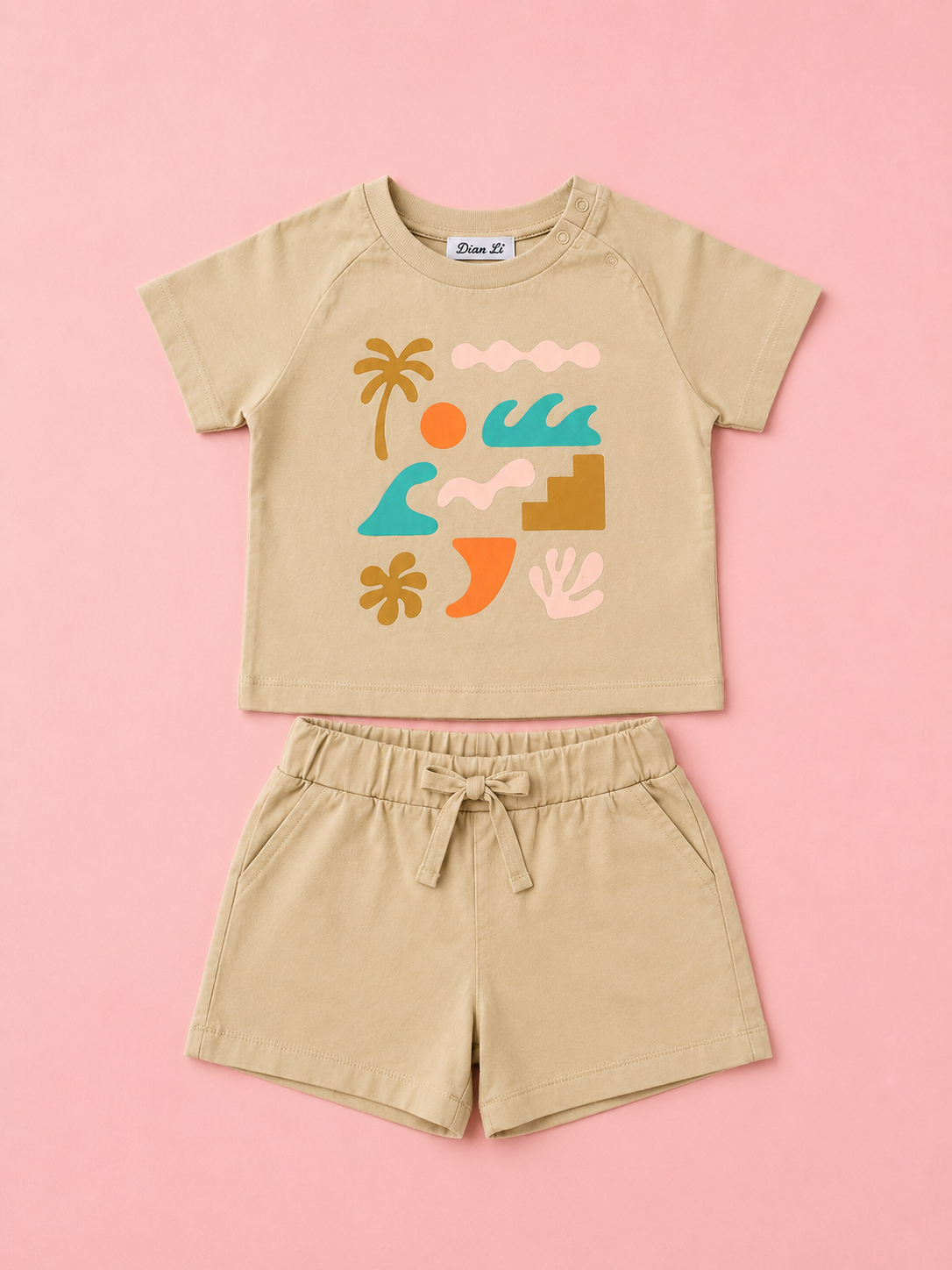 Girls Beige Graphic T-Shirt & Shorts Set – Soft Cotton Summer Co-ord Outfit BloomUp