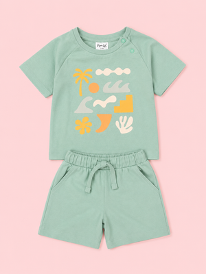 Girls Sage Green Graphic T-Shirt & Shorts Set – Soft Cotton Summer Co-ord Outfit BloomUp