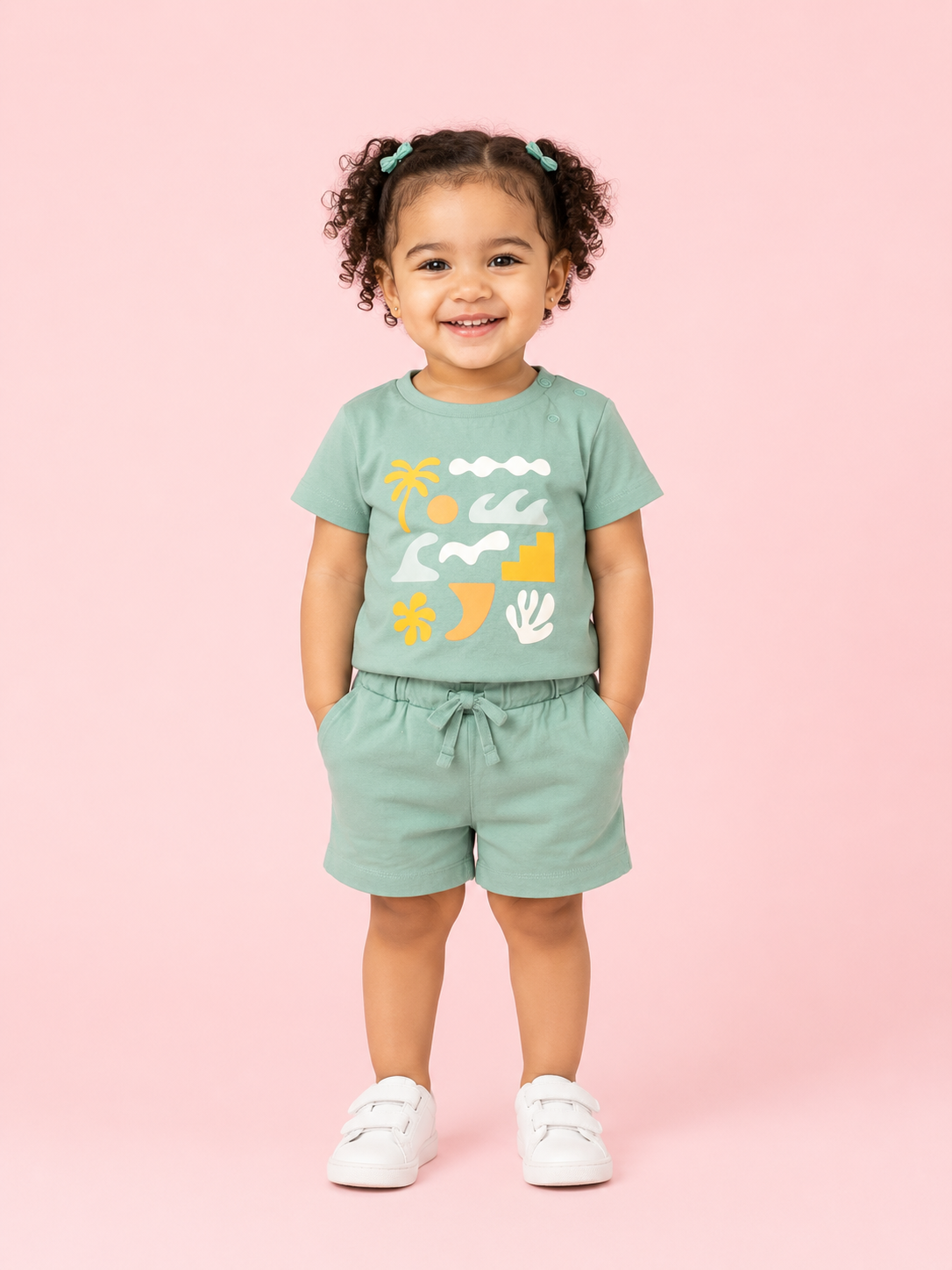 Girls Sage Green Graphic T-Shirt & Shorts Set – Soft Cotton Summer Co-ord Outfit BloomUp