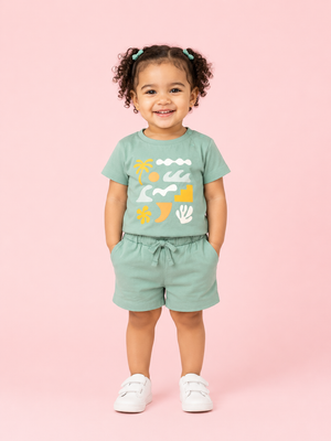 Girls Sage Green Graphic T-Shirt & Shorts Set – Soft Cotton Summer Co-ord Outfit BloomUp