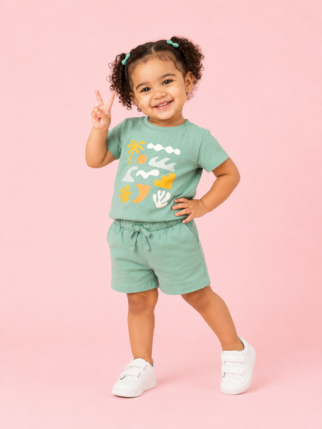Girls Sage Green Graphic T-Shirt & Shorts Set – Soft Cotton Summer Co-ord Outfit BloomUp