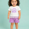 White Shell Graphic Fringe Top & Purple Printed Shorts Co-ord Set for Girls – Soft Cotton Summer Outfit