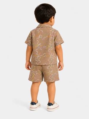 Boys Mocha Printed Shirt & Shorts Set Kidswear Cotton Stylish BloomUp