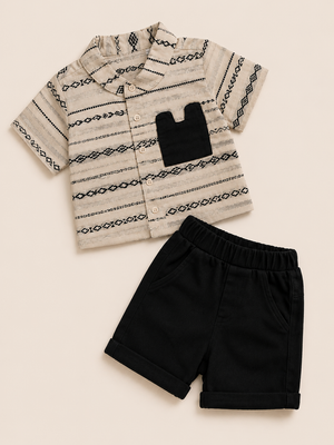 Boys Ethnic Print Shirt & Black Shorts Set – Smart Casual Cotton Co-ord Outfit BloomUp