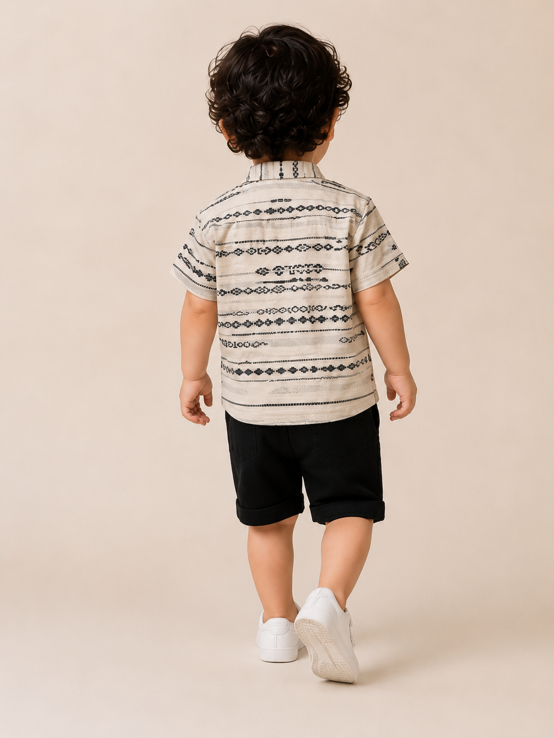 Boys Ethnic Print Shirt & Black Shorts Set – Smart Casual Cotton Co-ord Outfit BloomUp
