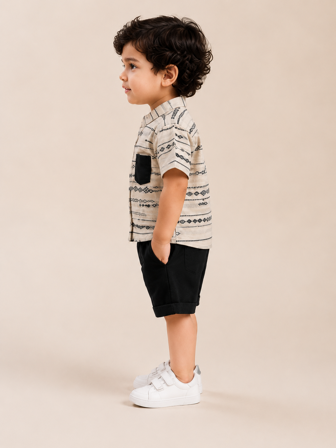 Boys Ethnic Print Shirt & Black Shorts Set – Smart Casual Cotton Co-ord Outfit BloomUp