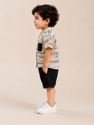 Boys Ethnic Print Shirt & Black Shorts Set – Smart Casual Cotton Co-ord Outfit BloomUp