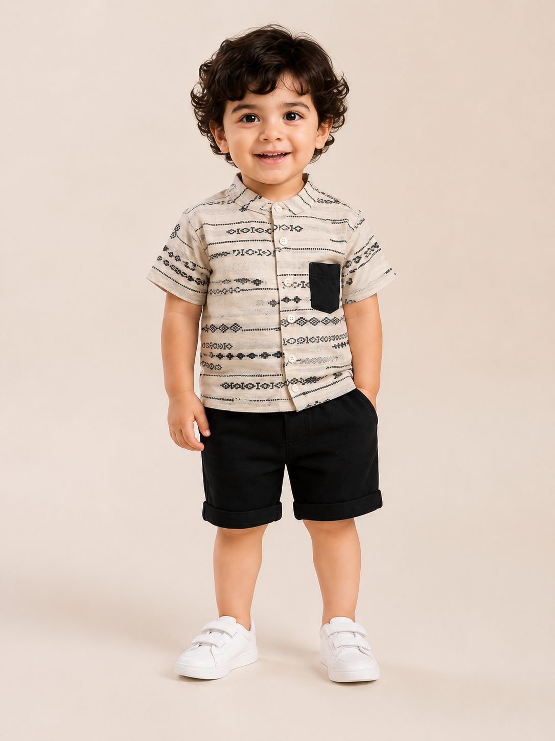 Boys Ethnic Print Shirt & Black Shorts Set – Smart Casual Cotton Co-ord Outfit BloomUp