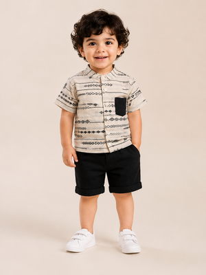 Boys Ethnic Print Shirt & Black Shorts Set – Smart Casual Cotton Co-ord Outfit BloomUp