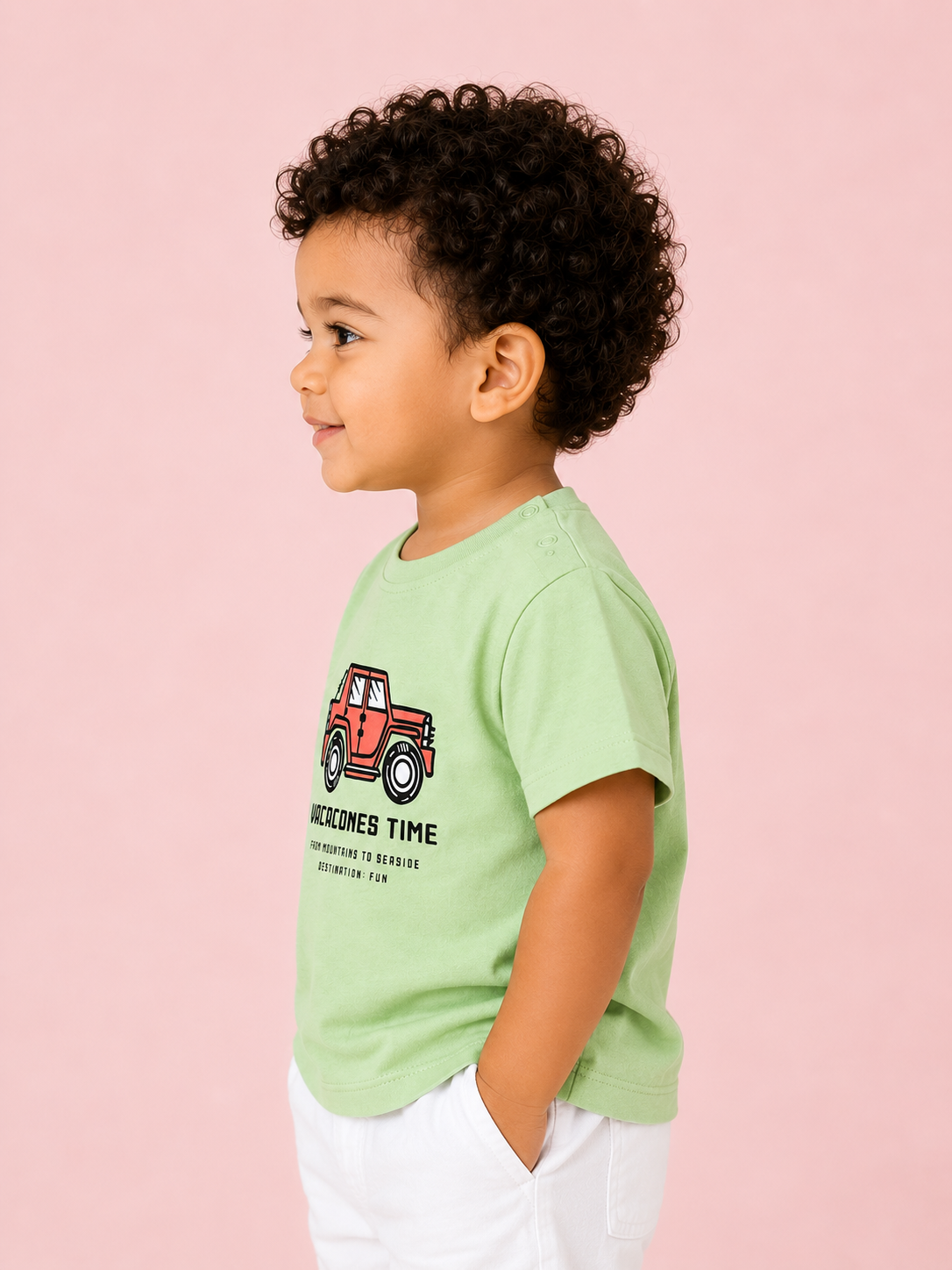 Boys Vacation Time Graphic Cotton T-Shirt – Light Green Casual Half Sleeve Tee for Kids BloomUp