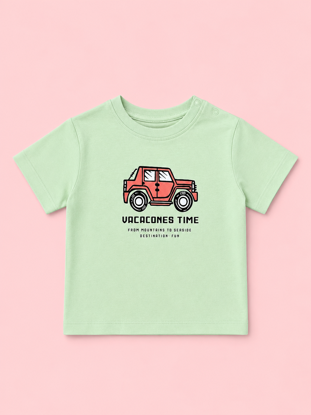 Boys Vacation Time Graphic Cotton T-Shirt – Light Green Casual Half Sleeve Tee for Kids BloomUp