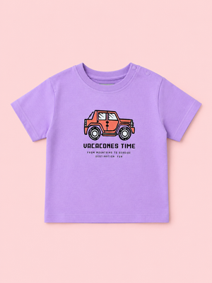 Boys Vacation Time Graphic Cotton T-Shirt – Purple Casual Half Sleeve Tee for Kids BloomUp