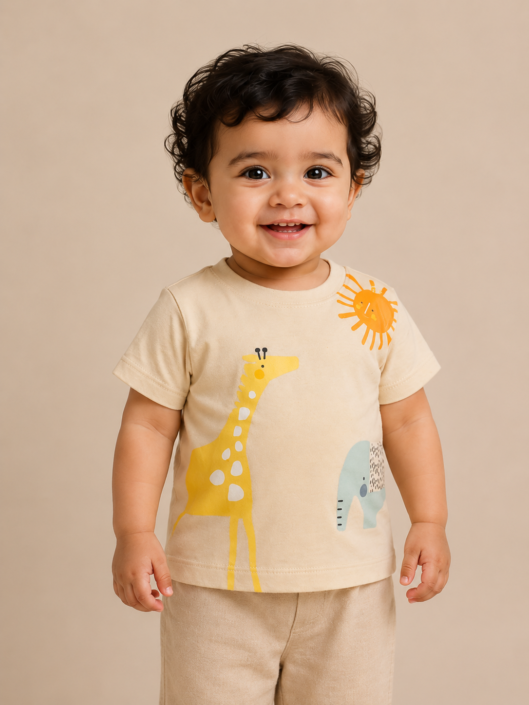 Beige Jungle Animal Graphic T-Shirt & Shorts Set for Toddlers – Soft Cotton Summer Wear BloomUp