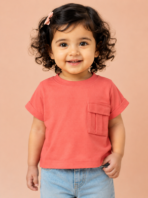 Girls Peach Pocket T Shirt Kidswear Cotton Stylish Comfortable Outfit BloomUp