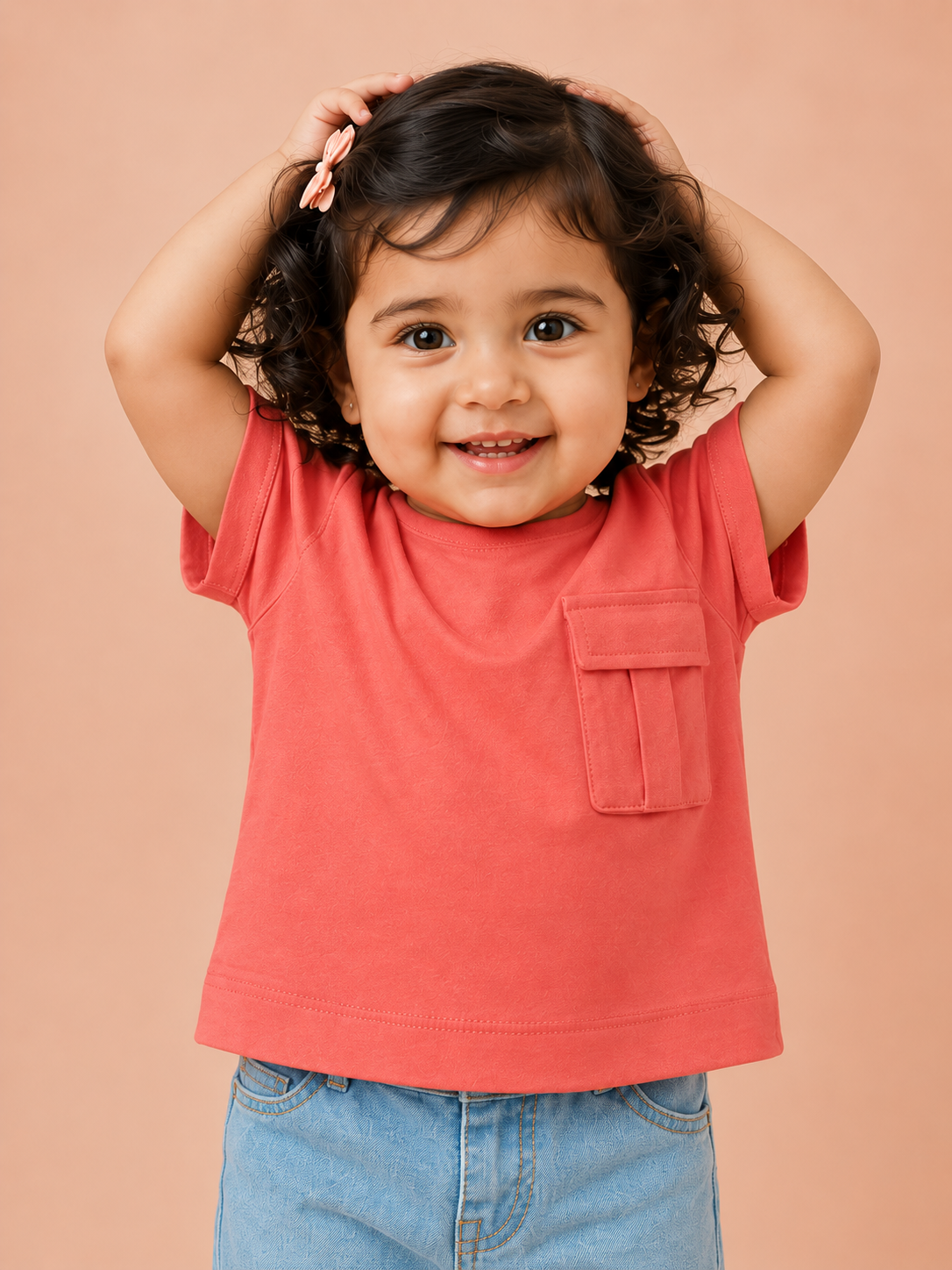 Girls Peach Pocket T Shirt Kidswear Cotton Stylish Comfortable Outfit BloomUp