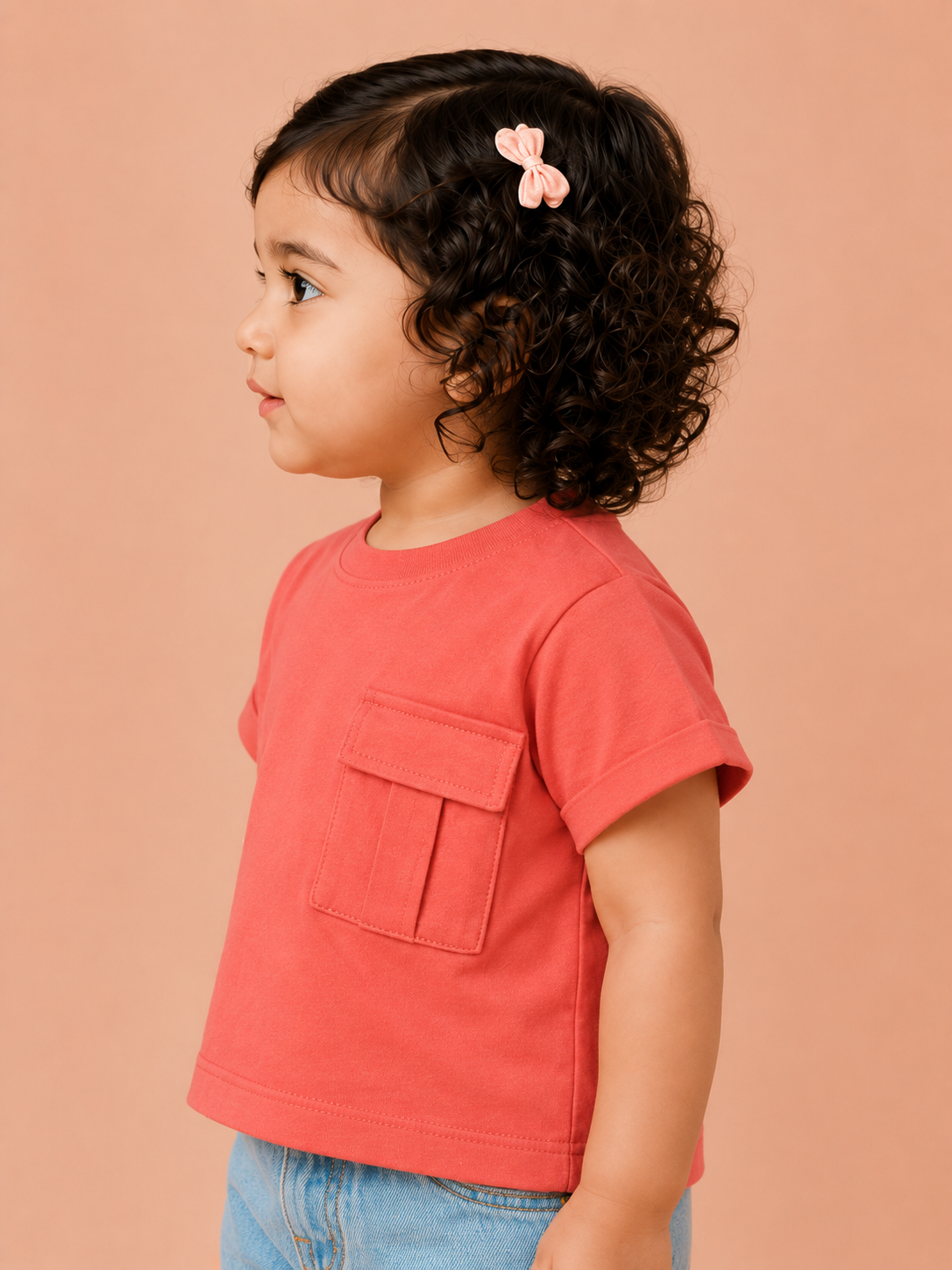 Girls Peach Pocket T Shirt Kidswear Cotton Stylish Comfortable Outfit BloomUp