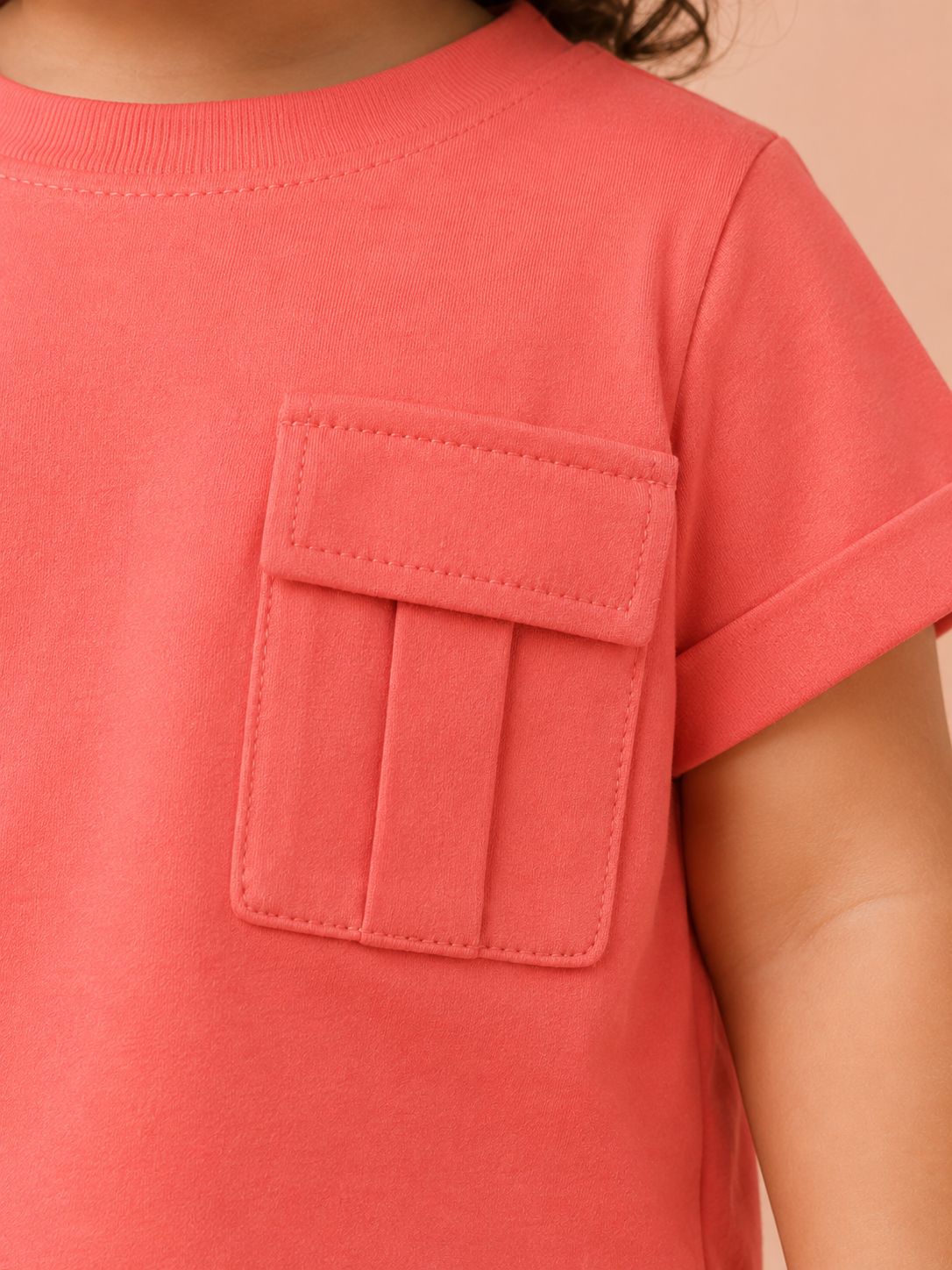 Girls Peach Pocket T Shirt Kidswear Cotton Stylish Comfortable Outfit BloomUp