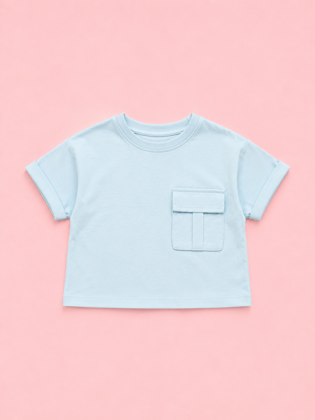 Girls Sky Blue Pocket Detail Cotton T-Shirt – Casual Half Sleeve Kids Tee BloomUp