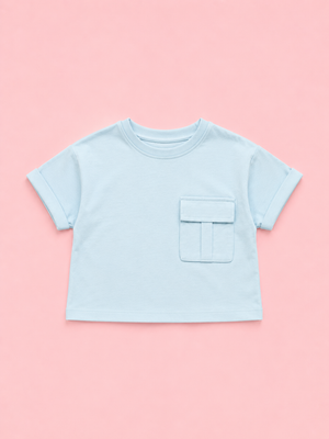 Girls Sky Blue Pocket Detail Cotton T-Shirt – Casual Half Sleeve Kids Tee BloomUp