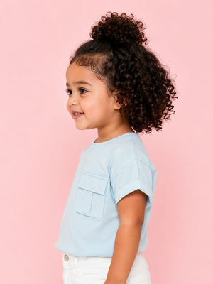 Girls Sky Blue Pocket Detail Cotton T-Shirt – Casual Half Sleeve Kids Tee BloomUp