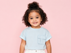 Girls Sky Blue Pocket Detail Cotton T-Shirt – Casual Half Sleeve Kids Tee BloomUp