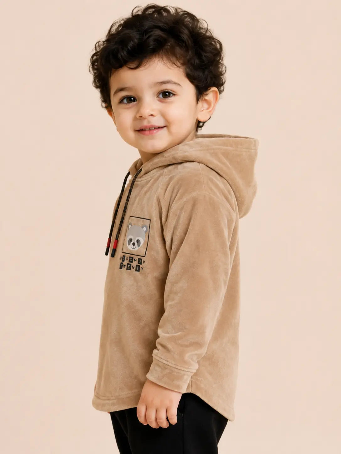 BloomUp Tan Raccoon Graphic Hooded Sweatshirt for Kids – Soft Velour Winter Hoodie for Boys & Girls
