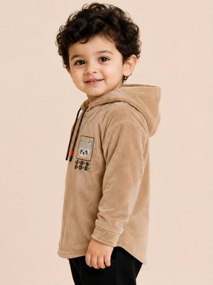 BloomUp Tan Raccoon Graphic Hooded Sweatshirt for Kids – Soft Velour Winter Hoodie for Boys & Girls