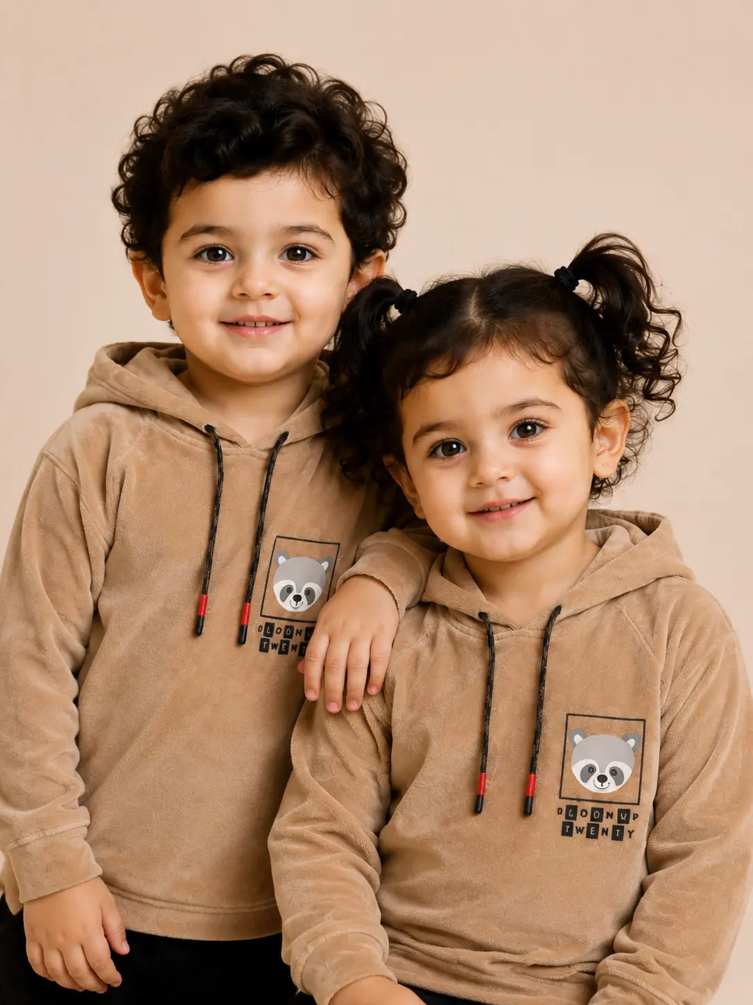 BloomUp Tan Raccoon Graphic Hooded Sweatshirt for Kids – Soft Velour Winter Hoodie for Boys & Girls