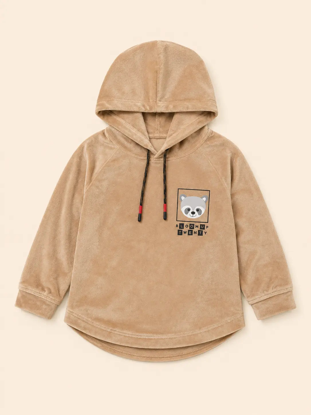 BloomUp Tan Raccoon Graphic Hooded Sweatshirt for Kids – Soft Velour Winter Hoodie for Boys & Girls