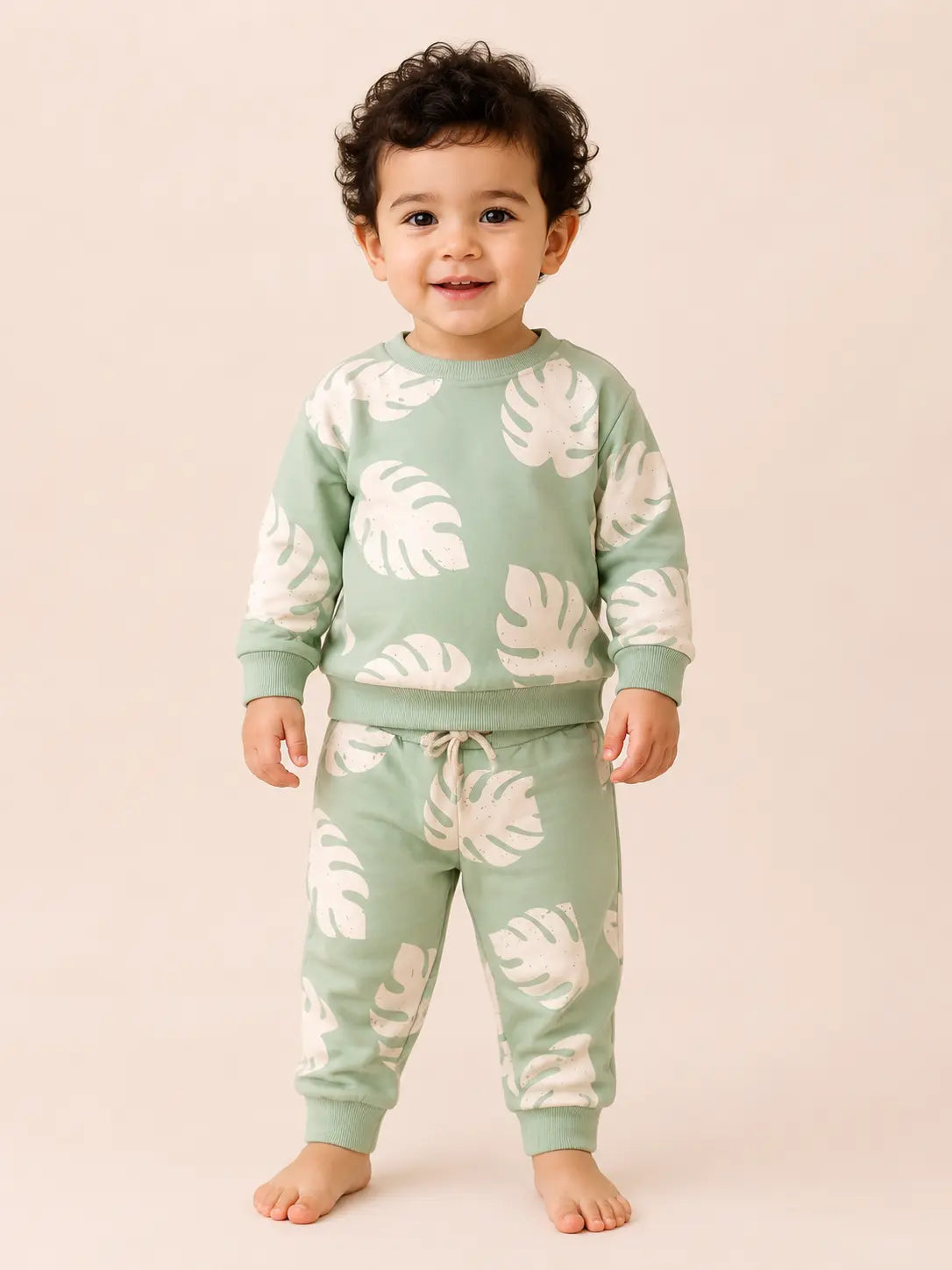 BloomUp Mint Green Leaf Print Sweatshirt & Jogger Set for Kids – Soft Cotton Blend Co-ord Outfit for Boys & Girls