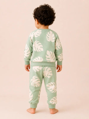 BloomUp Mint Green Leaf Print Sweatshirt & Jogger Set for Kids – Soft Cotton Blend Co-ord Outfit for Boys & Girls