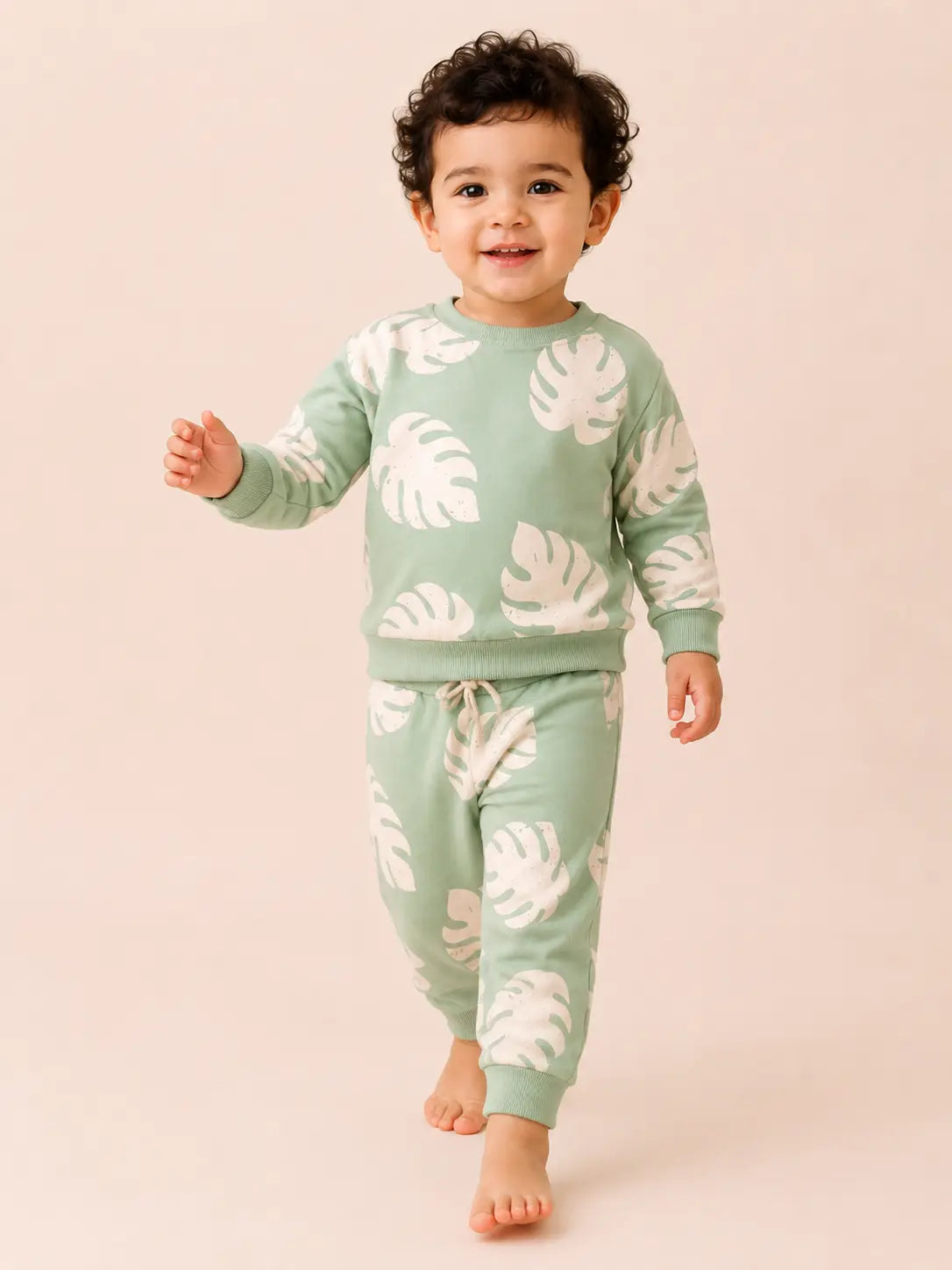 BloomUp Mint Green Leaf Print Sweatshirt & Jogger Set for Kids – Soft Cotton Blend Co-ord Outfit for Boys & Girls