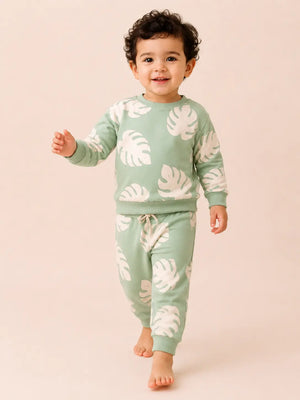 BloomUp Mint Green Leaf Print Sweatshirt & Jogger Set for Kids – Soft Cotton Blend Co-ord Outfit for Boys & Girls