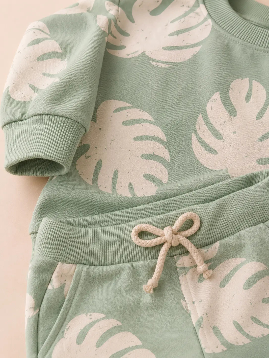 BloomUp Mint Green Leaf Print Sweatshirt & Jogger Set for Kids – Soft Cotton Blend Co-ord Outfit for Boys & Girls