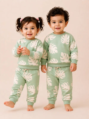 BloomUp Mint Green Leaf Print Sweatshirt & Jogger Set for Kids – Soft Cotton Blend Co-ord Outfit for Boys & Girls