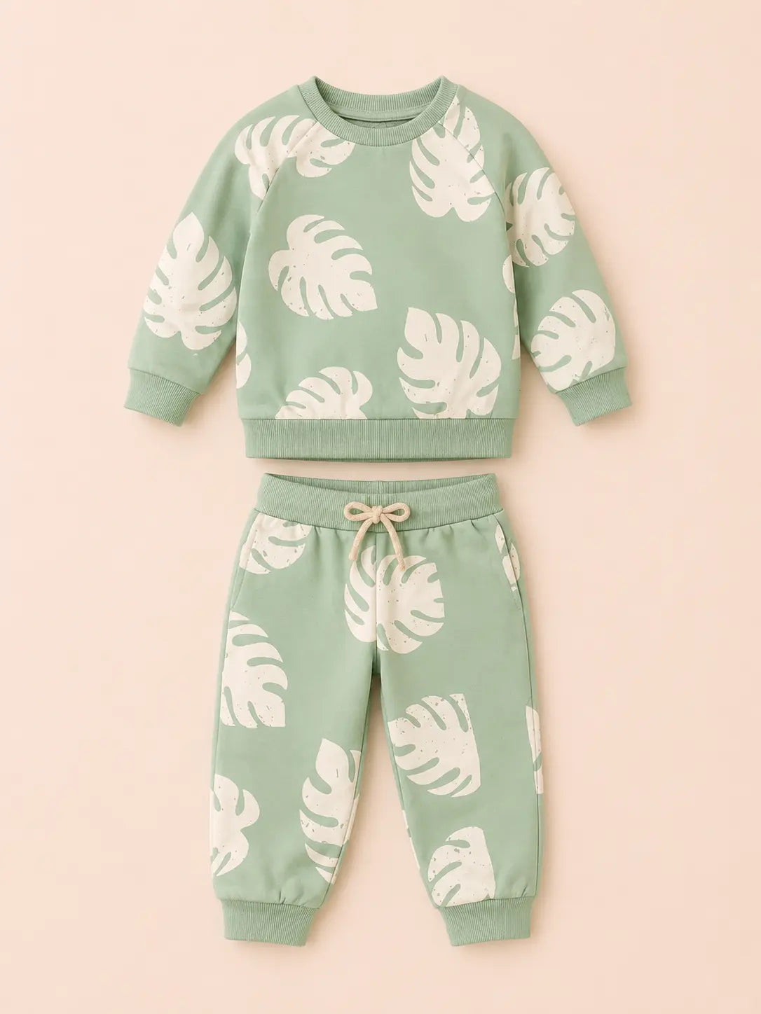 BloomUp Mint Green Leaf Print Sweatshirt & Jogger Set for Kids – Soft Cotton Blend Co-ord Outfit for Boys & Girls