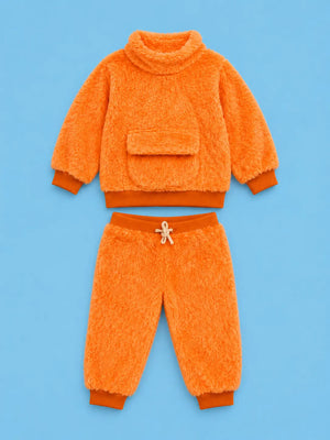 BloomUp Bright Orange Teddy Fleece Co-ord Set for Kids – Plush Winter Sweatshirt & Jogger Pants Outfit