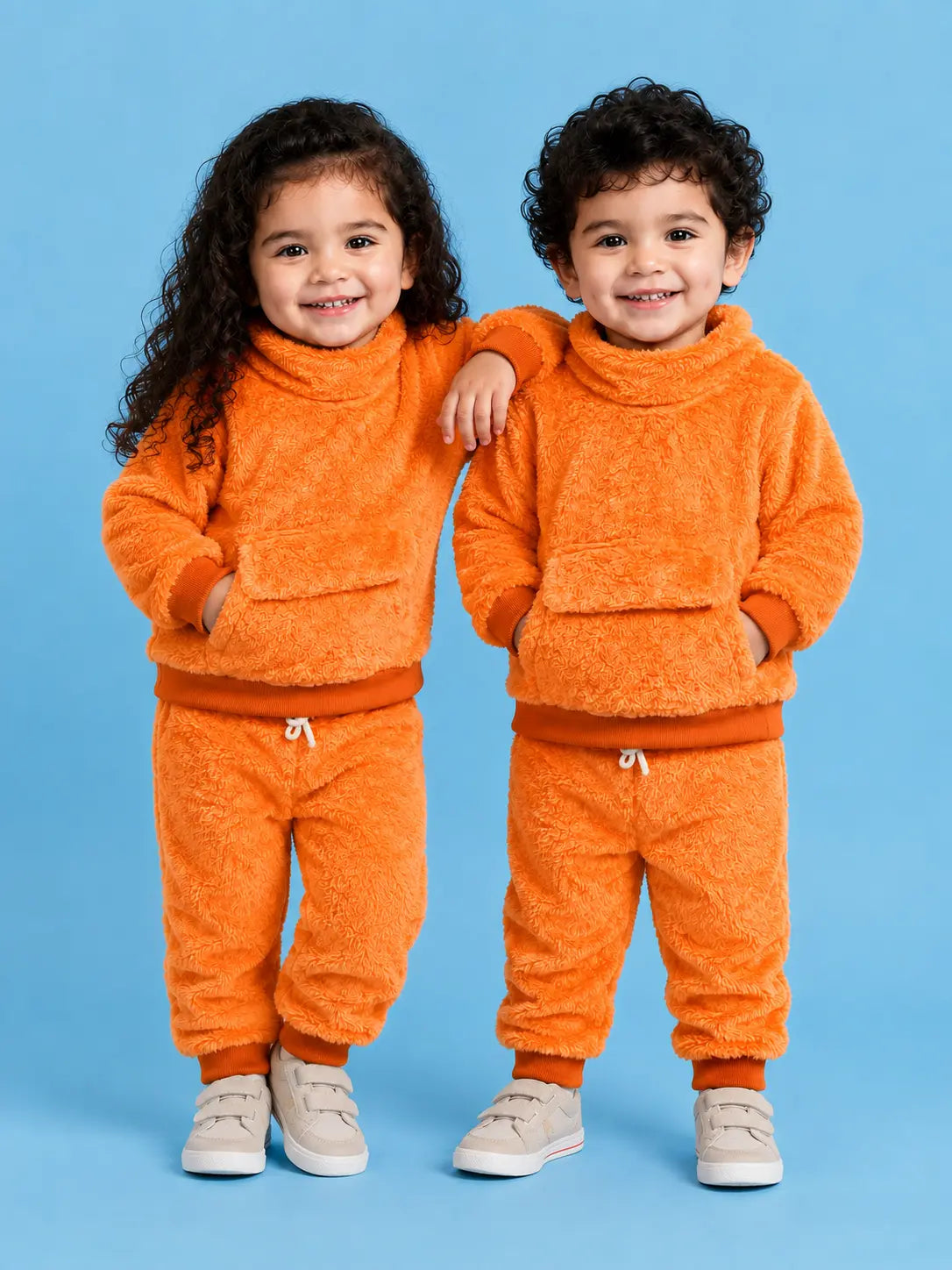 BloomUp Bright Orange Teddy Fleece Co-ord Set for Kids – Plush Winter Sweatshirt & Jogger Pants Outfit