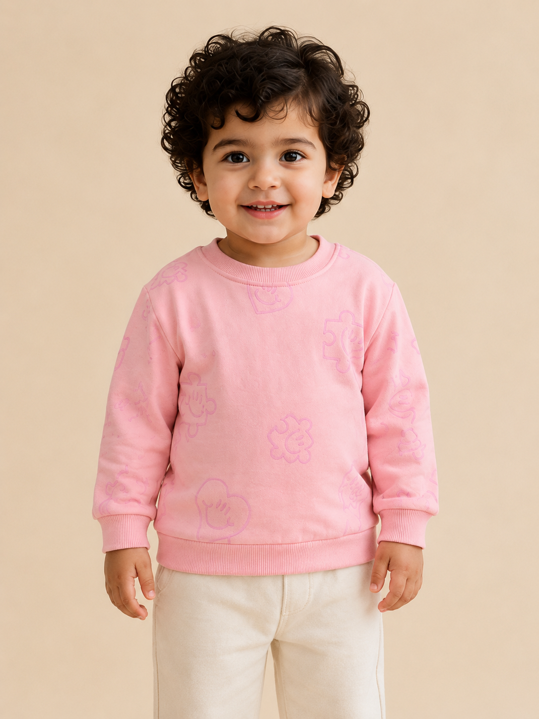 Pink All-Over Printed Sweatshirt for Girls – Soft Cotton Fleece Winter Pullover BloomUp