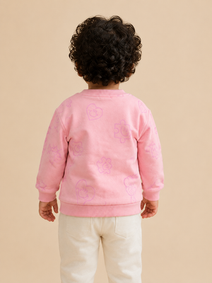 Pink All-Over Printed Sweatshirt for Girls – Soft Cotton Fleece Winter Pullover BloomUp
