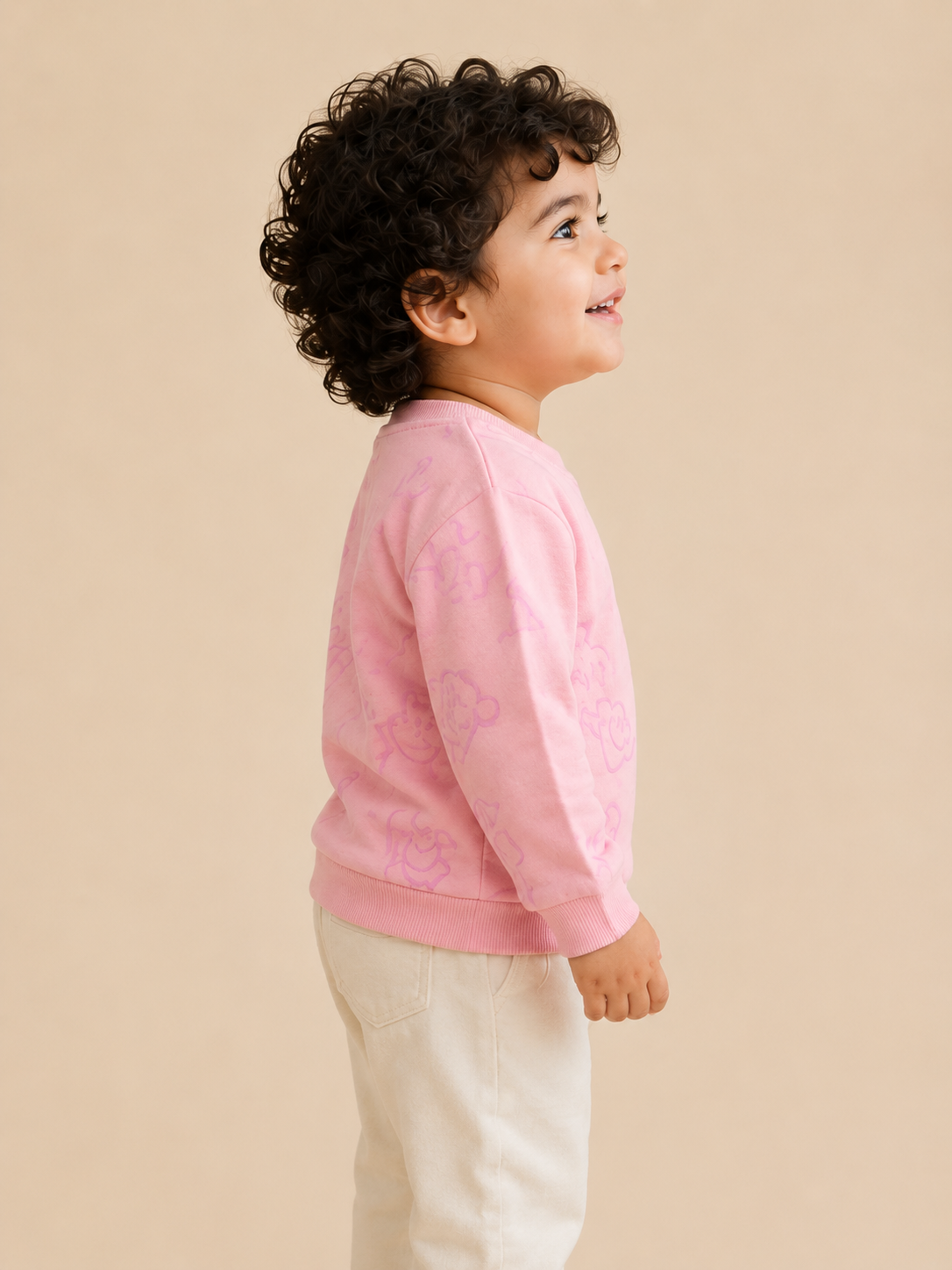 Pink All-Over Printed Sweatshirt for Girls – Soft Cotton Fleece Winter Pullover BloomUp