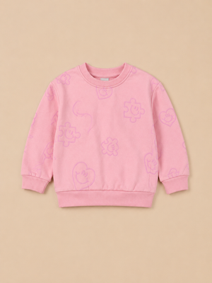 Pink All-Over Printed Sweatshirt for Girls – Soft Cotton Fleece Winter Pullover BloomUp