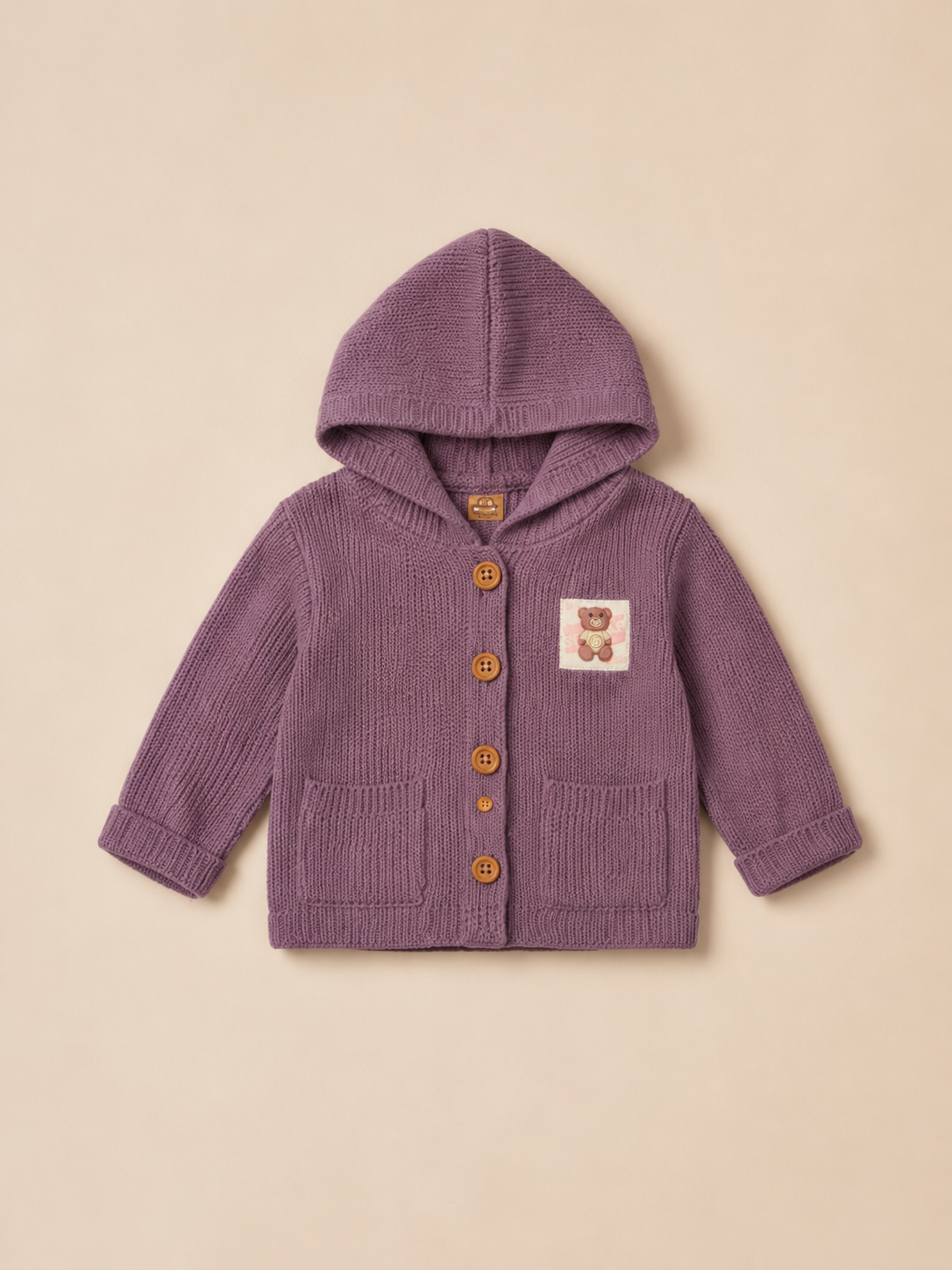 Dusty Mauve Knitted Hooded Cardigan for Baby Girls – Soft Winter Button-Down Sweater BloomUp
