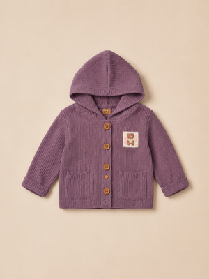 Dusty Mauve Knitted Hooded Cardigan for Baby Girls – Soft Winter Button-Down Sweater BloomUp