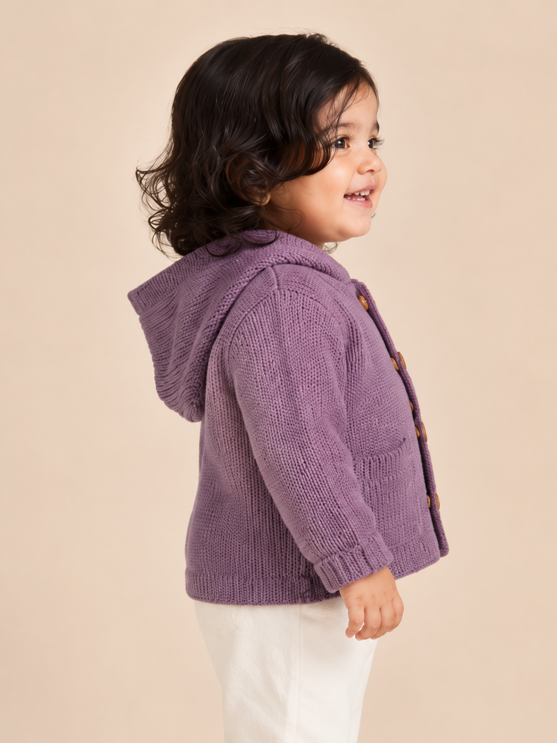 Dusty Mauve Knitted Hooded Cardigan for Baby Girls – Soft Winter Button-Down Sweater BloomUp