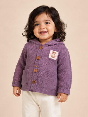 Dusty Mauve Knitted Hooded Cardigan for Baby Girls – Soft Winter Button-Down Sweater BloomUp