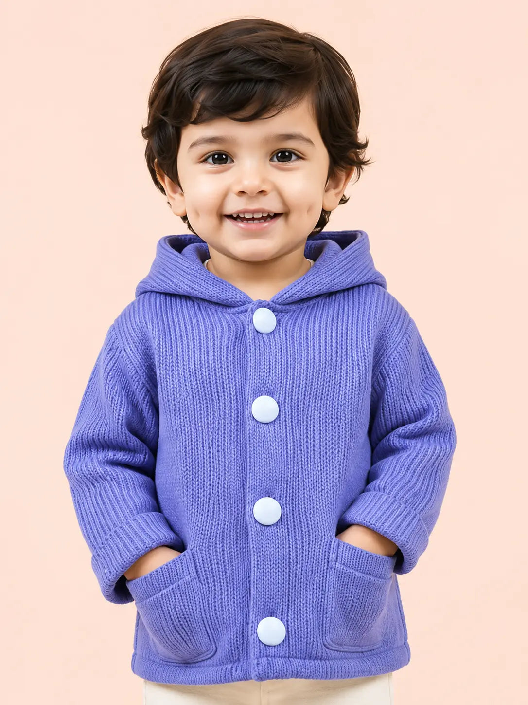 Lavender Purple Hooded Knit Coat for Kids – Soft Warm Winter Button Cardigan Jacket with Pockets